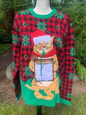 Celebrate Tigether Festive Red & Green Cat Holiday Sweater